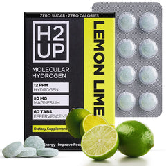 H2UP hydrogen tablets packaging showing 60-count bottle with magnesium