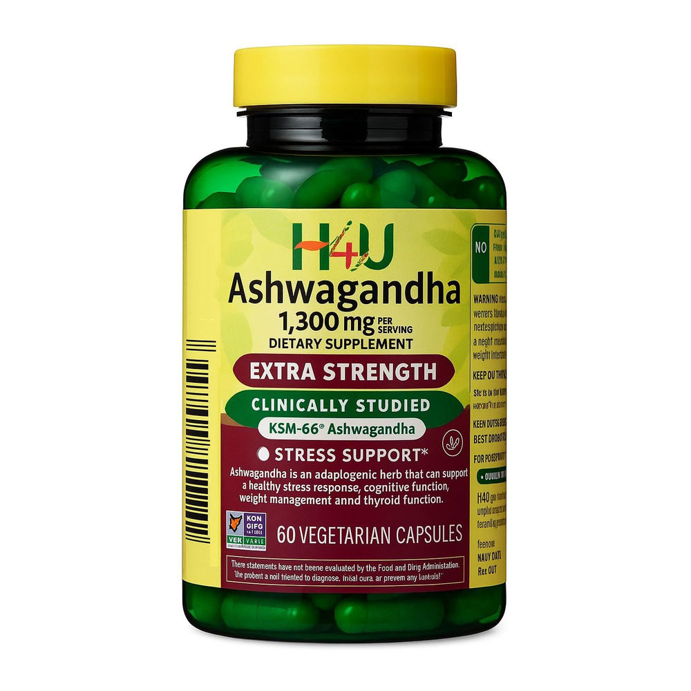 Front view of H4U Ashwagandha 1300 mg bottle with 60 vegetarian capsules