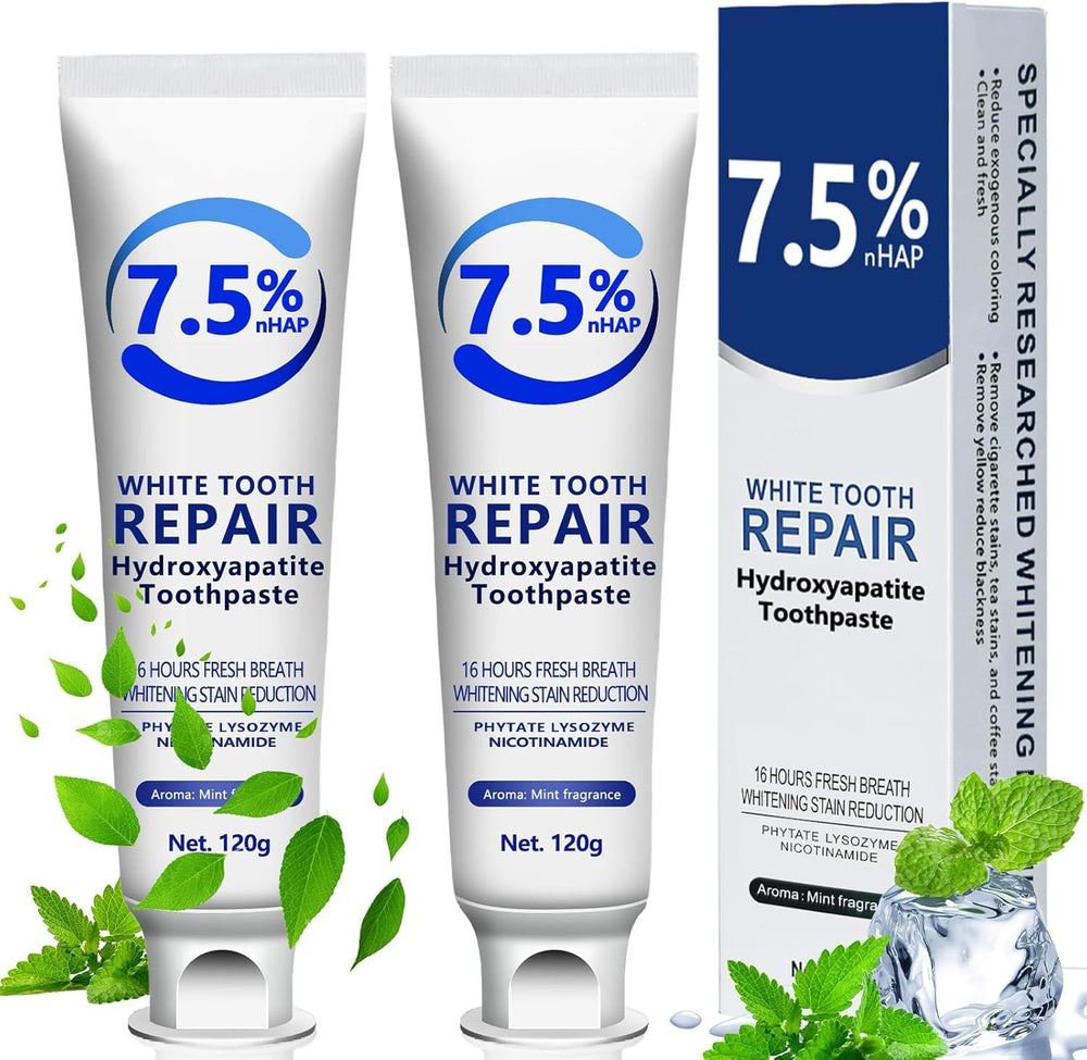 Two hydroxyapatite toothpaste tubes (2-pack) on white background