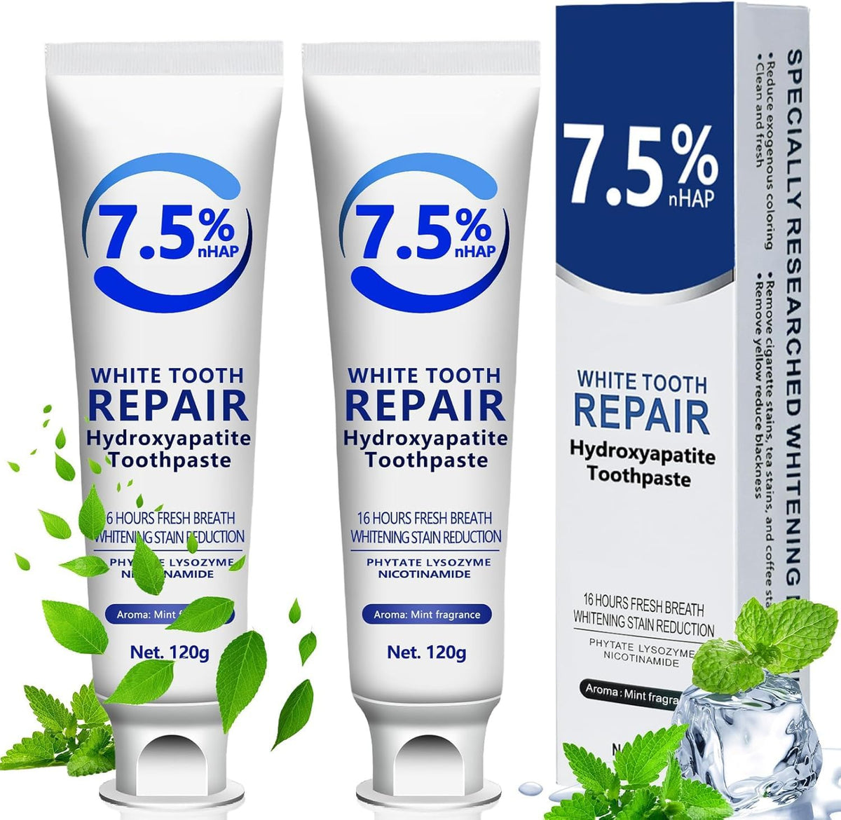 Two hydroxyapatite toothpaste tubes (2-pack) on white background