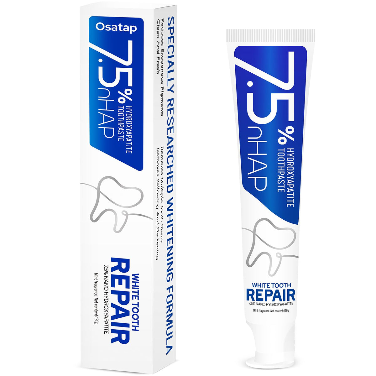 Front view of 7.5% hydroxyapatite toothpaste packaging