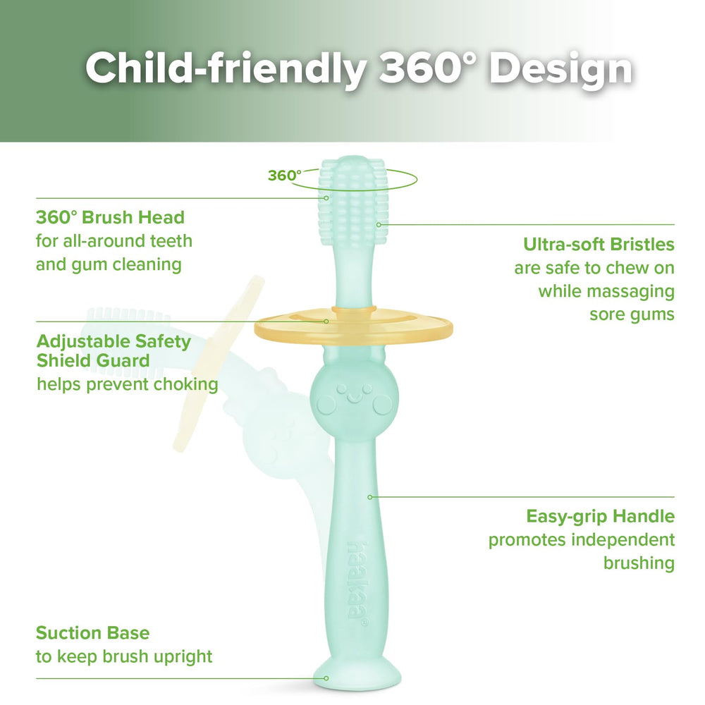 Flexible 100% silicone bristles safe for teething gums