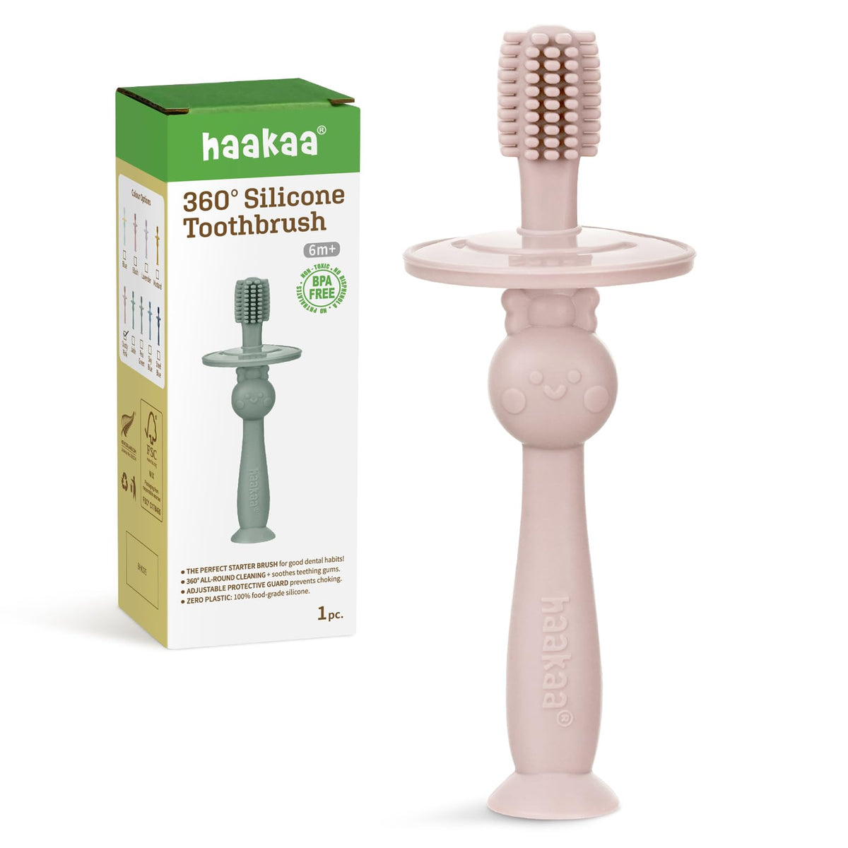 Front view of Haakaa 360° Baby Toothbrush with suction base in dusty pink