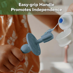 Suction base stores the brush upright on flat surfaces