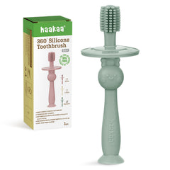 Product image showing Haakaa 360° Baby Toothbrush with suction base in pea green