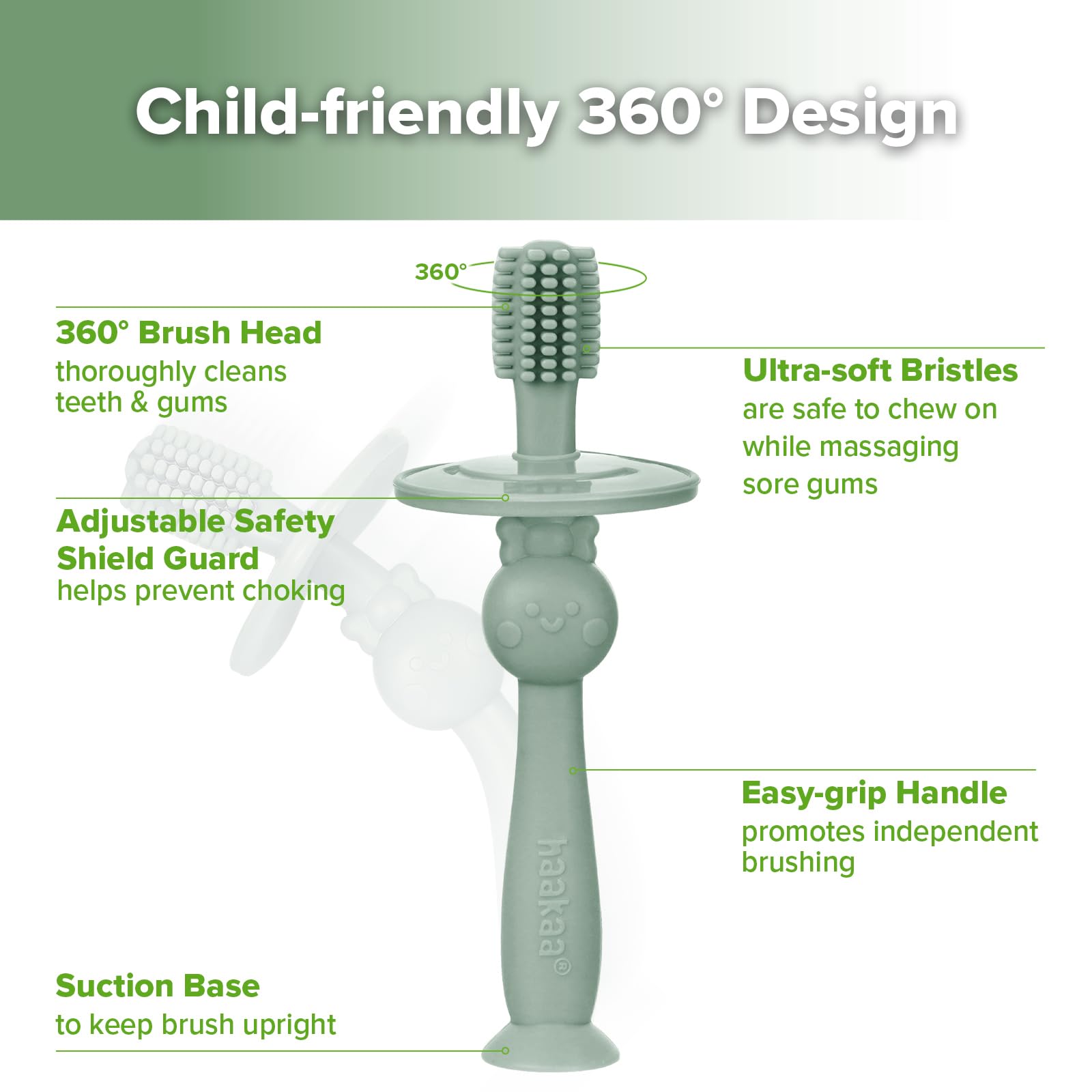 Suction base holding toothbrush upright on flat surface