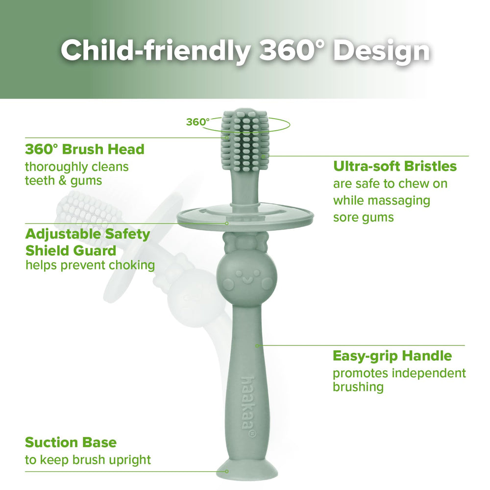 Suction base holding toothbrush upright on flat surface