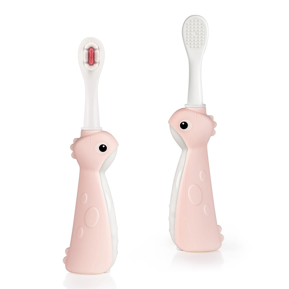 Haakaa dinosaur toothbrush for kids 2-4 pink with silicone handle