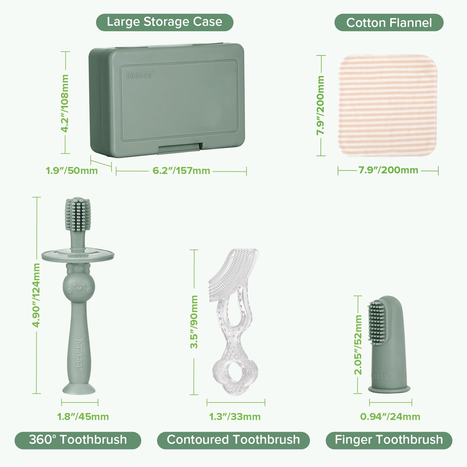 All three brushes together in Pea Green – haakaa Training Toothbrush Set