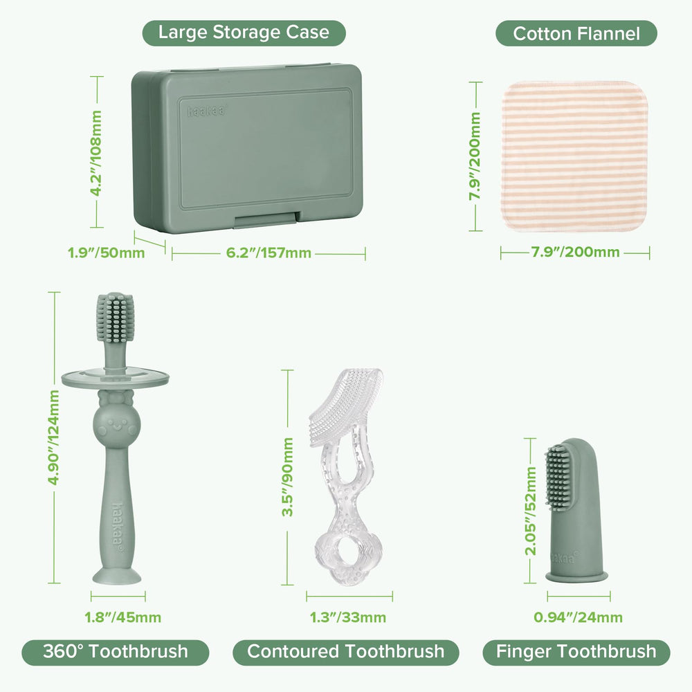 All three brushes together in Pea Green – haakaa Training Toothbrush Set