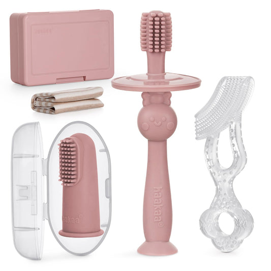 Haakaa Training Toothbrush Set packaging with three silicone brushes