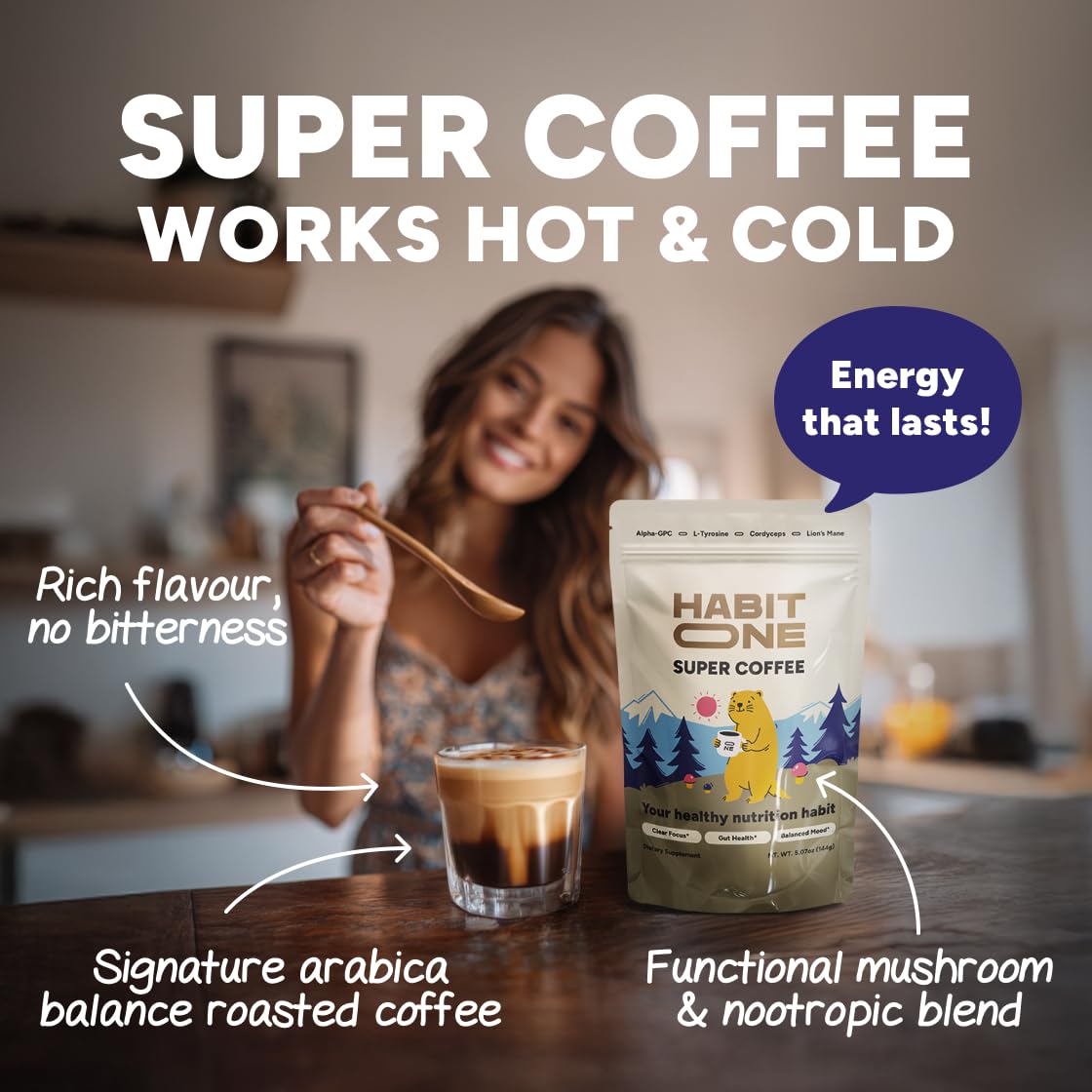 Cup of HabitONE mushroom coffee showing rich color and clarity