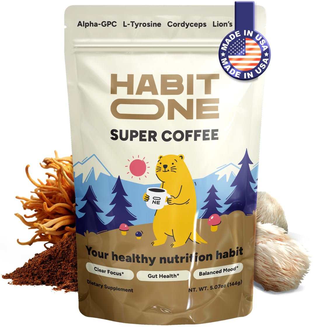 HabitONE Organic Mushroom Coffee Arabica with Lion’s Mane, Cordyceps, Reishi, and Chaga – 30 servings