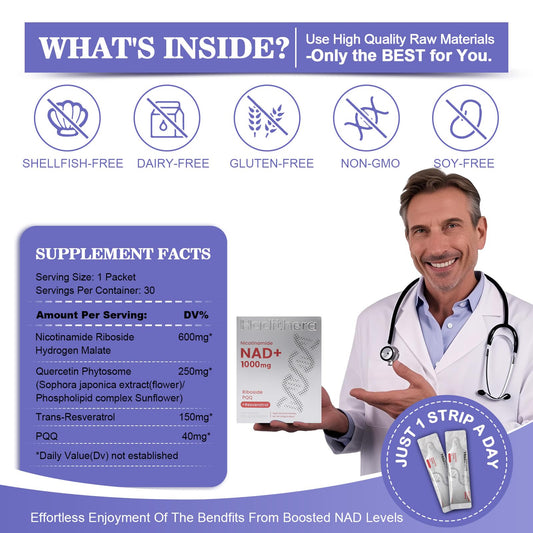 Close-up of NR, PQQ and Resveratrol ingredients for Haditheran NAD