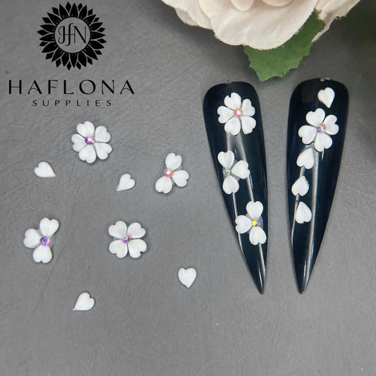 HaFLoNa 3D flower nail charms white heart for romantic nail designs