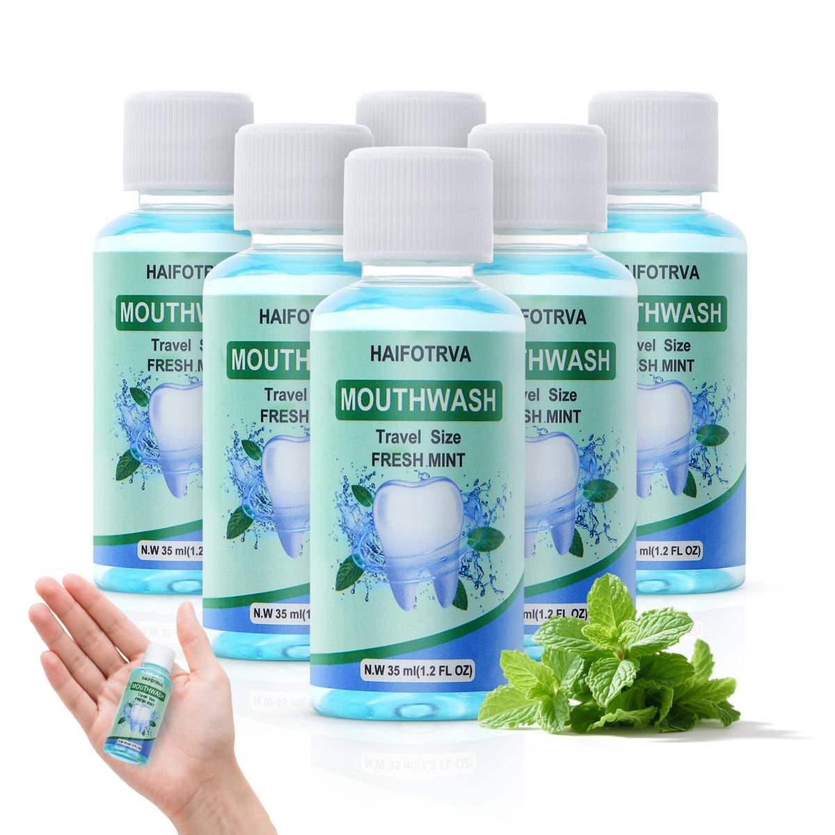 HAIFOTRVA 10-pack mini mouthwash bottles in blue mint flavor, 35ml each