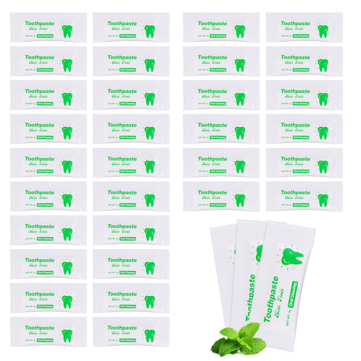 Pack of 100 mini travel toothpaste tubes in a white kraft bag