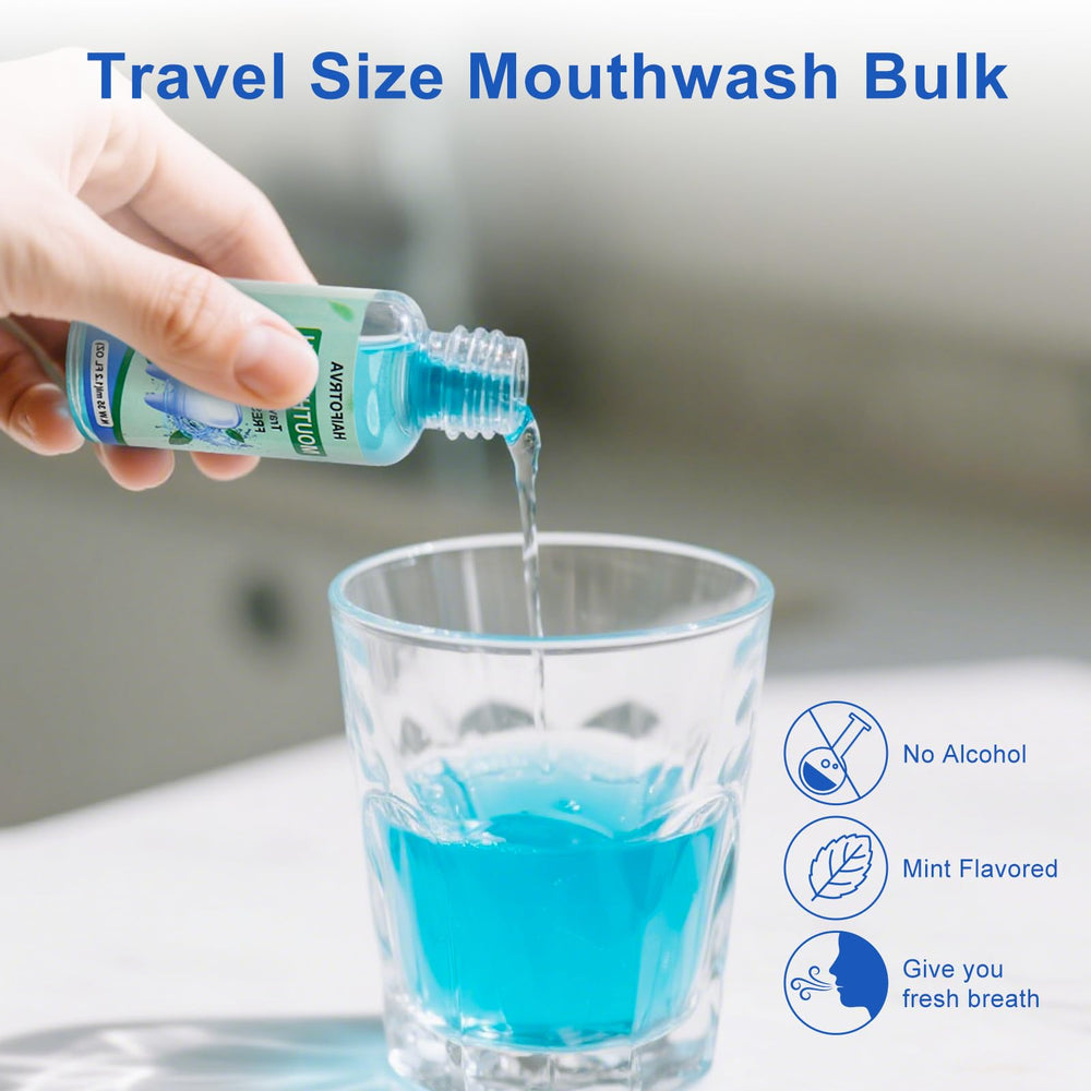 Bulk travel size mouthwash kit with blue mint flavor