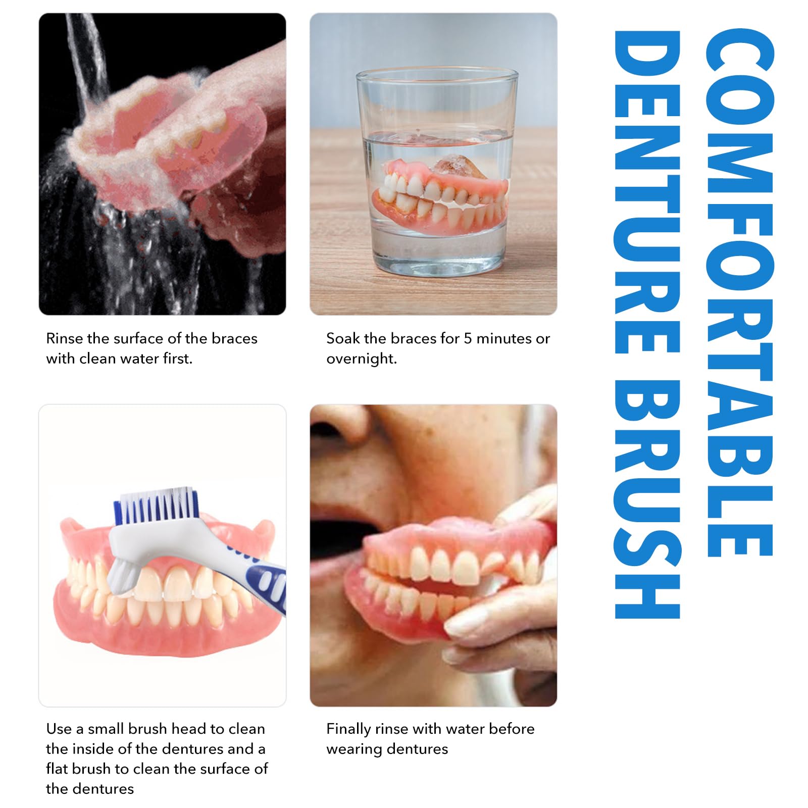 Double-ended denture cleaning brush with curved handle