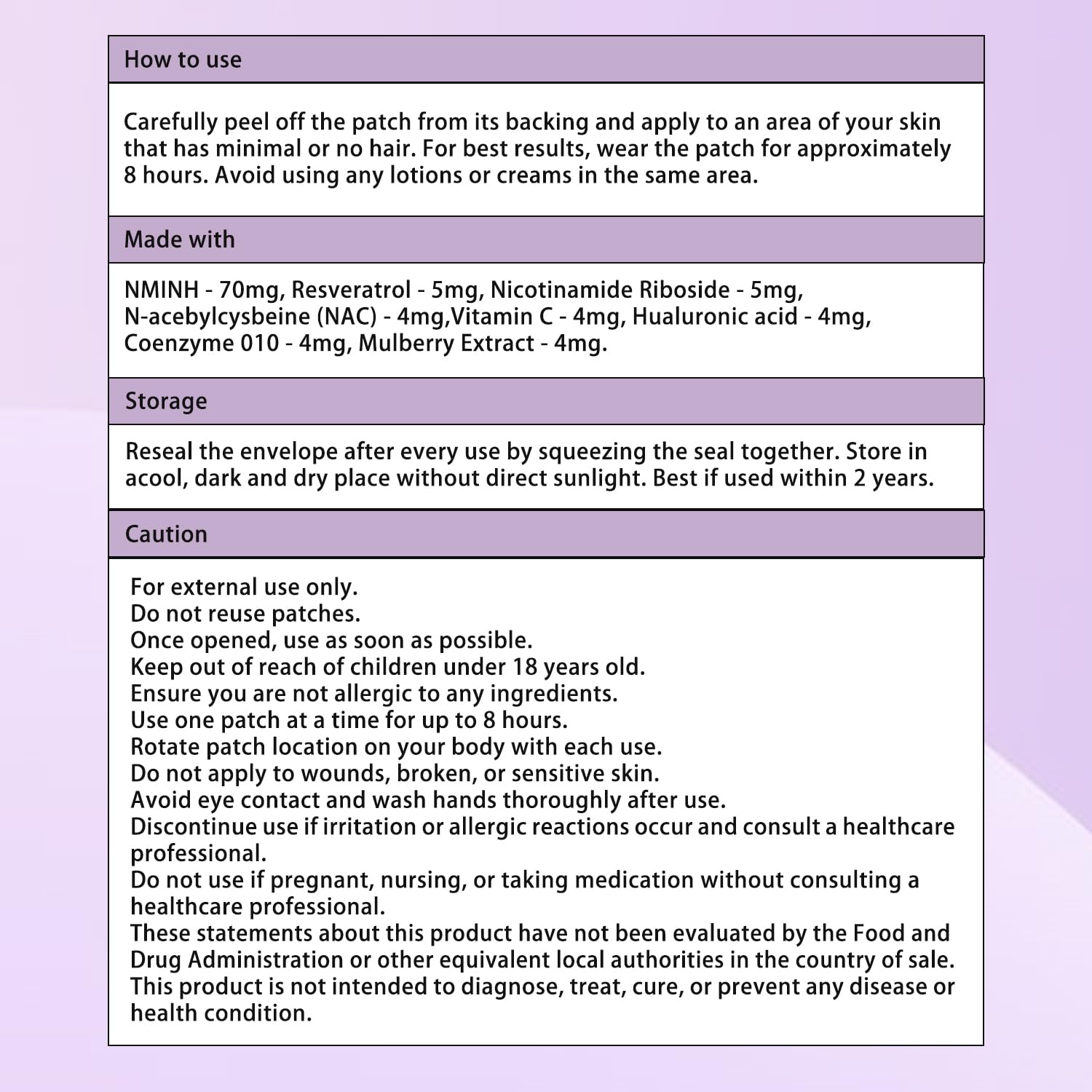 Back packaging information of Haiphy NAD+Patches