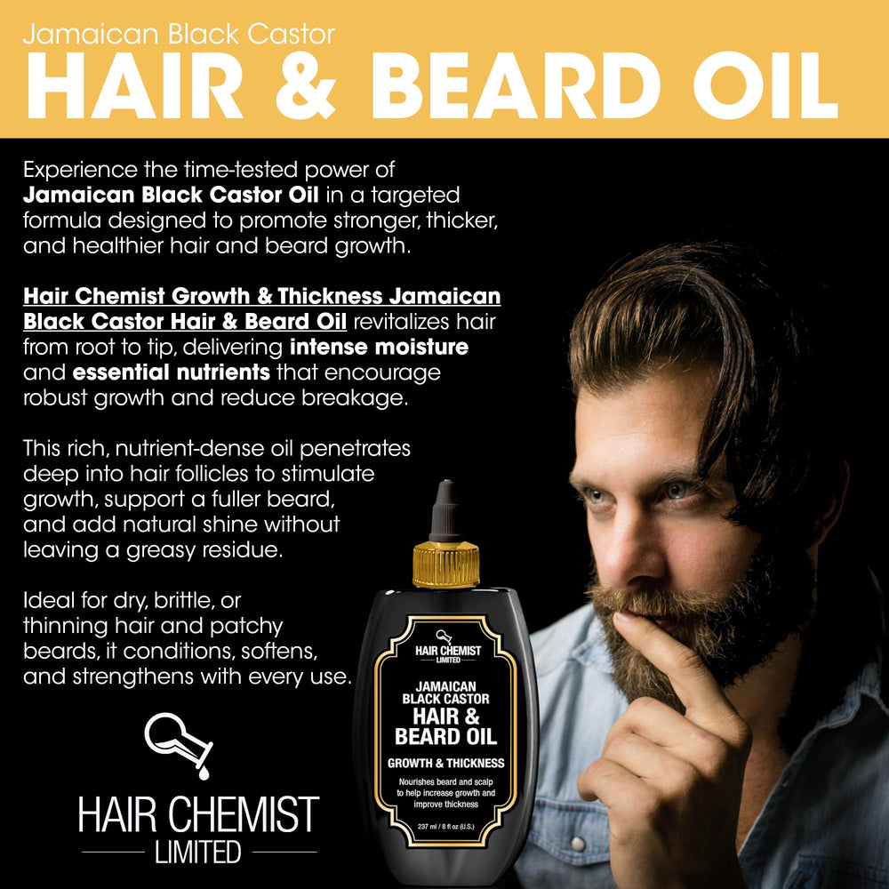 Hair Chemist Growth and Thickness oil bottle with dropper on bathroom shelf.