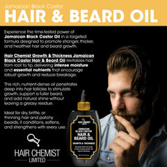 Hair Chemist Growth and Thickness oil bottle with dropper on bathroom shelf.