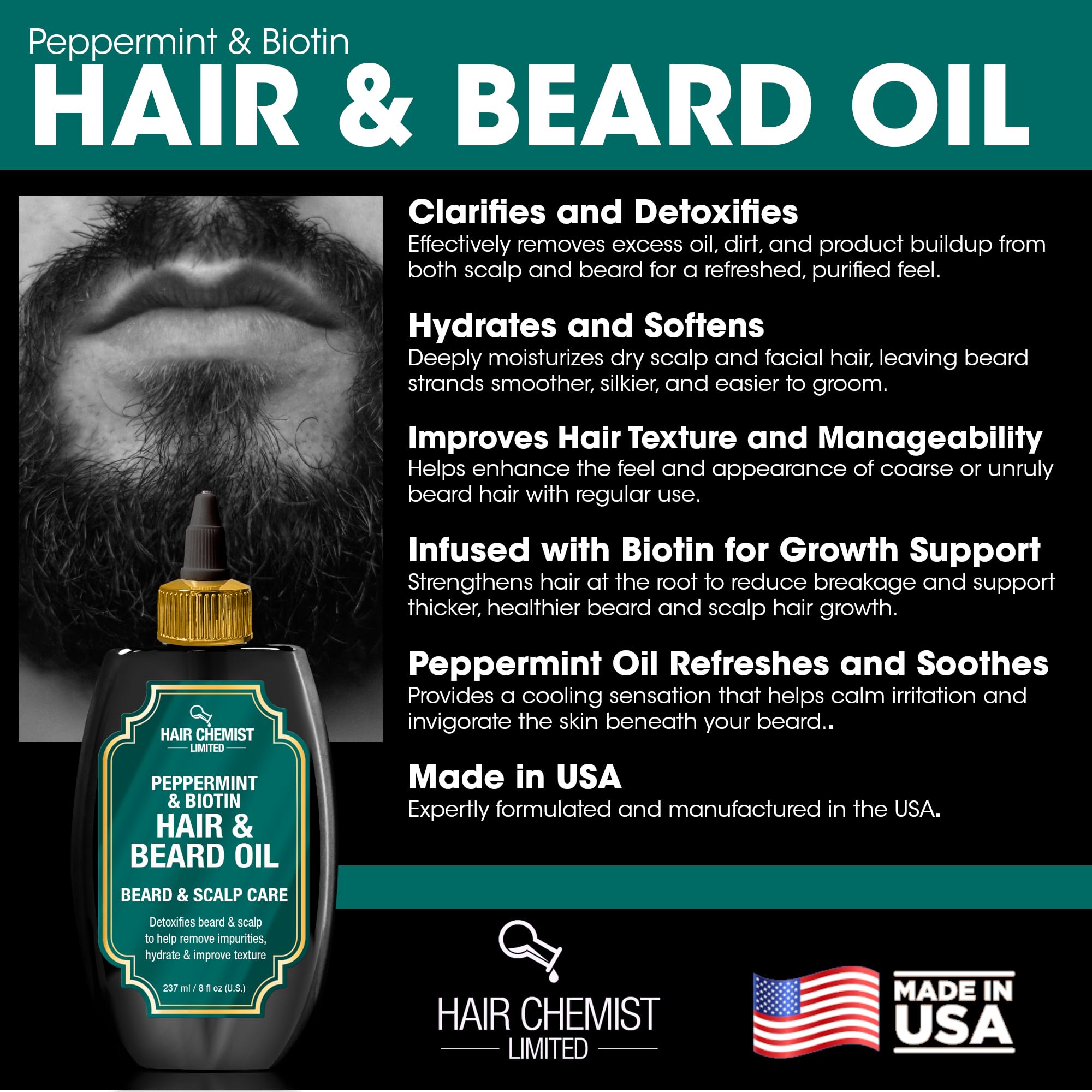 Hair Chemist Scalp and beard oil application mid-use purifies and nourishes.