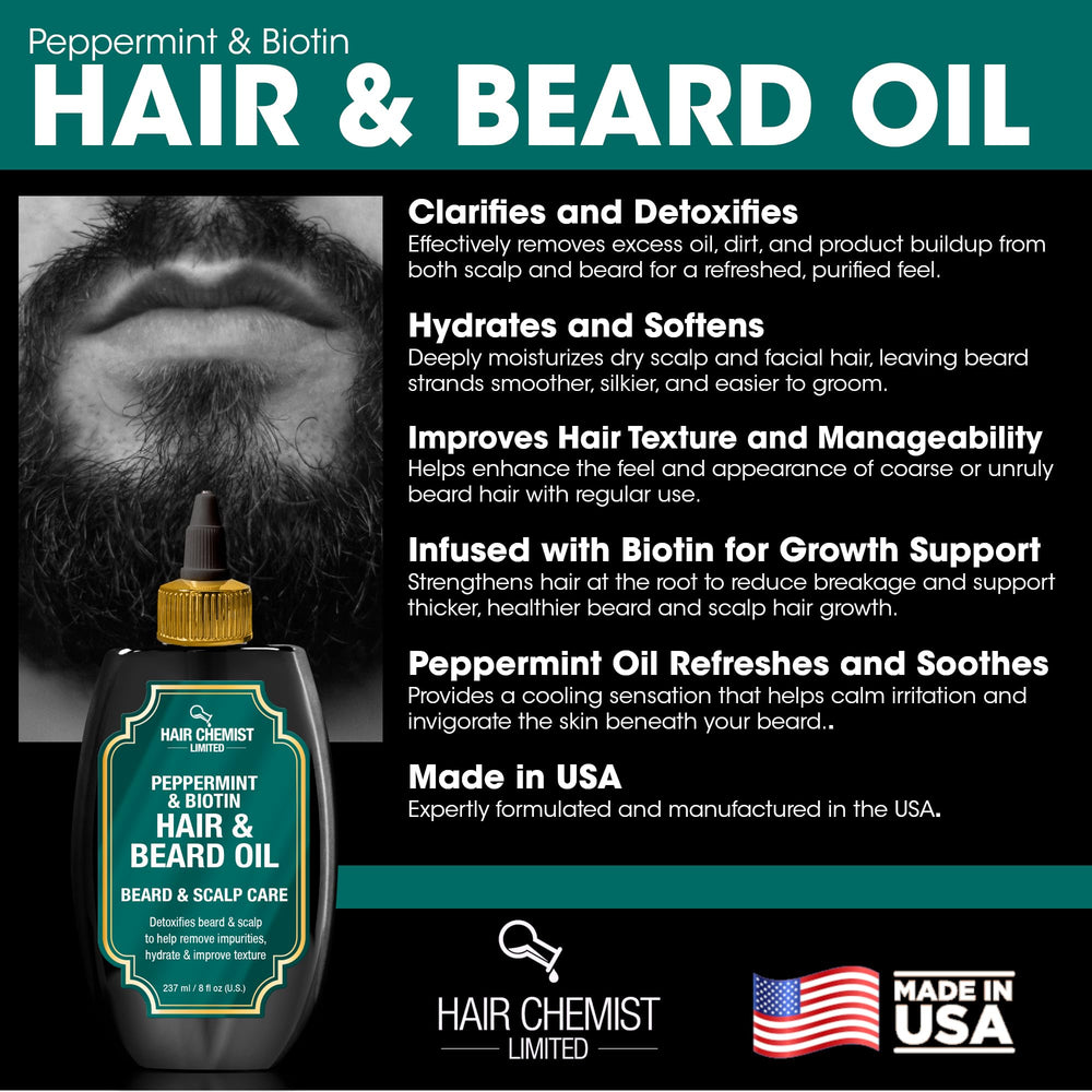 Hair Chemist Scalp and beard oil application mid-use purifies and nourishes.