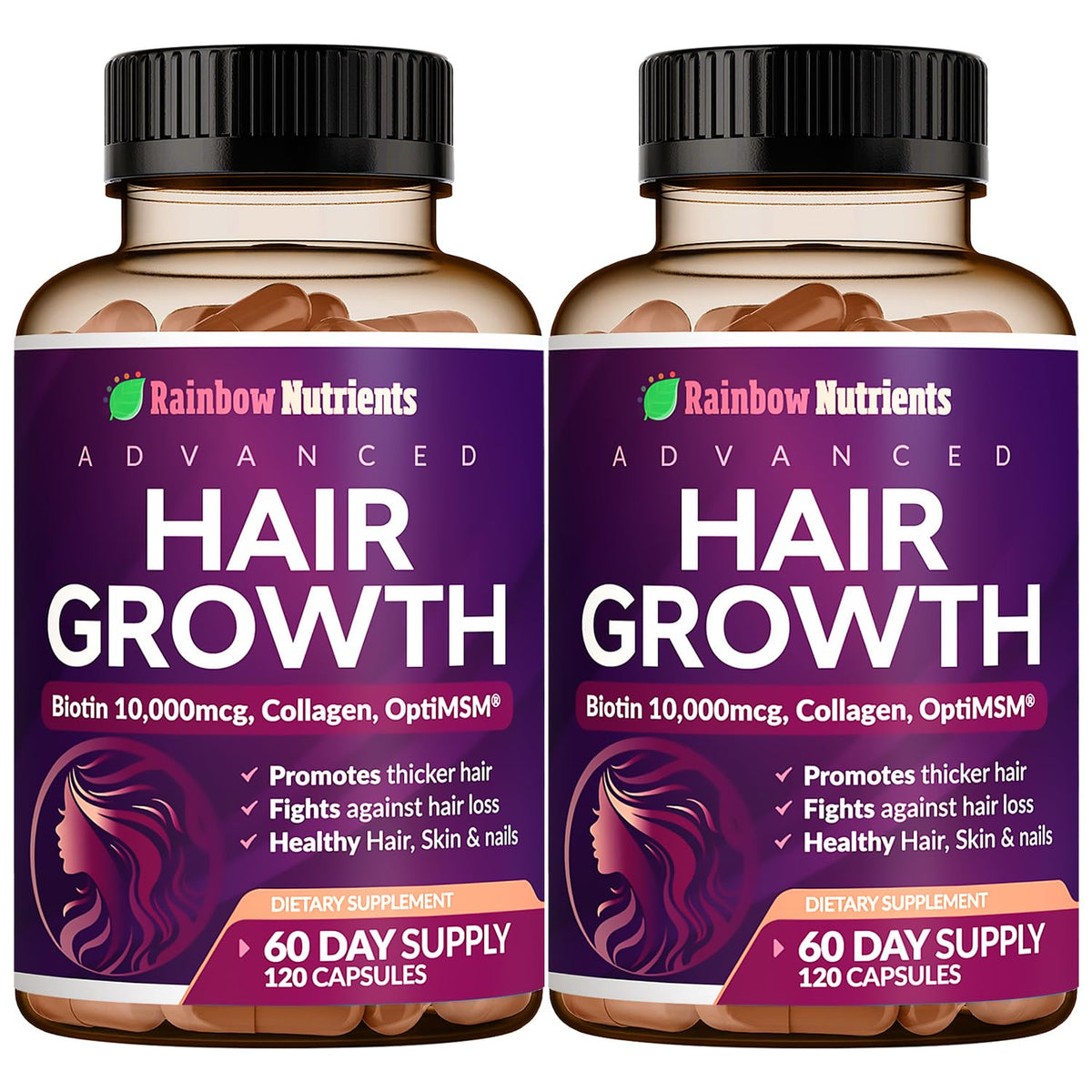 Rainbow Nutrients Hair Growth Vitamins bottle with 2-pack packaging