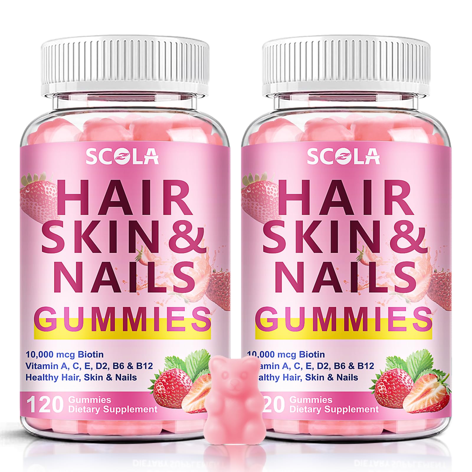 Hair skin nails gummies bottle with strawberry flavor