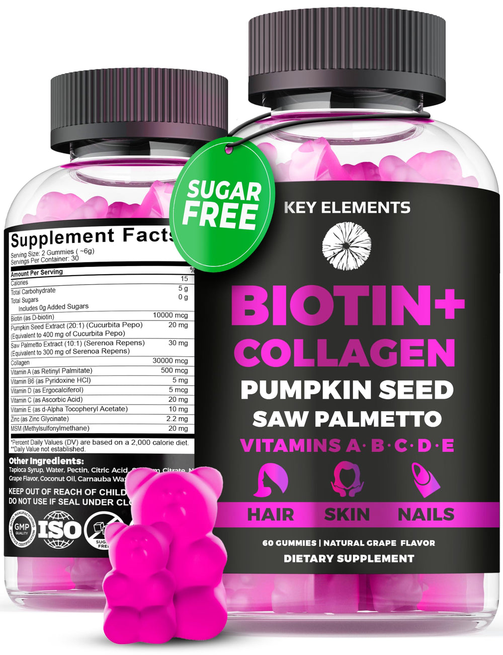 Product bottle labeled Hair Skin and Nails gummies with Biotin 10000mcg