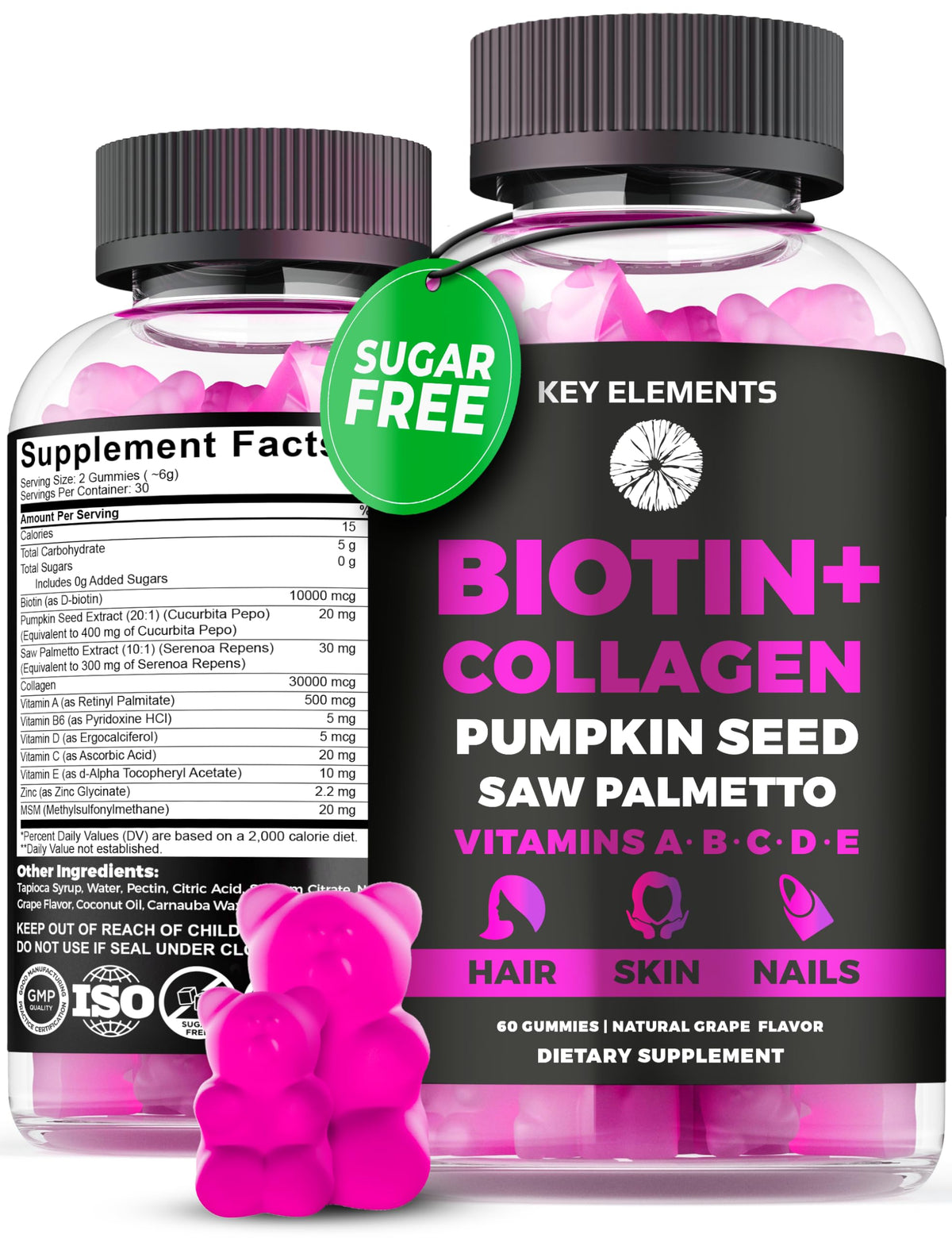 Product bottle labeled Hair Skin and Nails gummies with Biotin 10000mcg