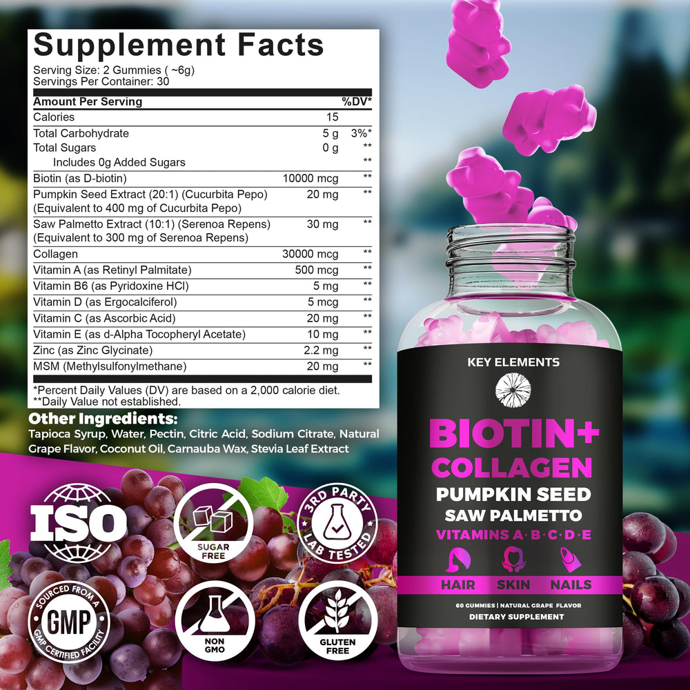 Vitamin bottles with Biotin and Collagen labels