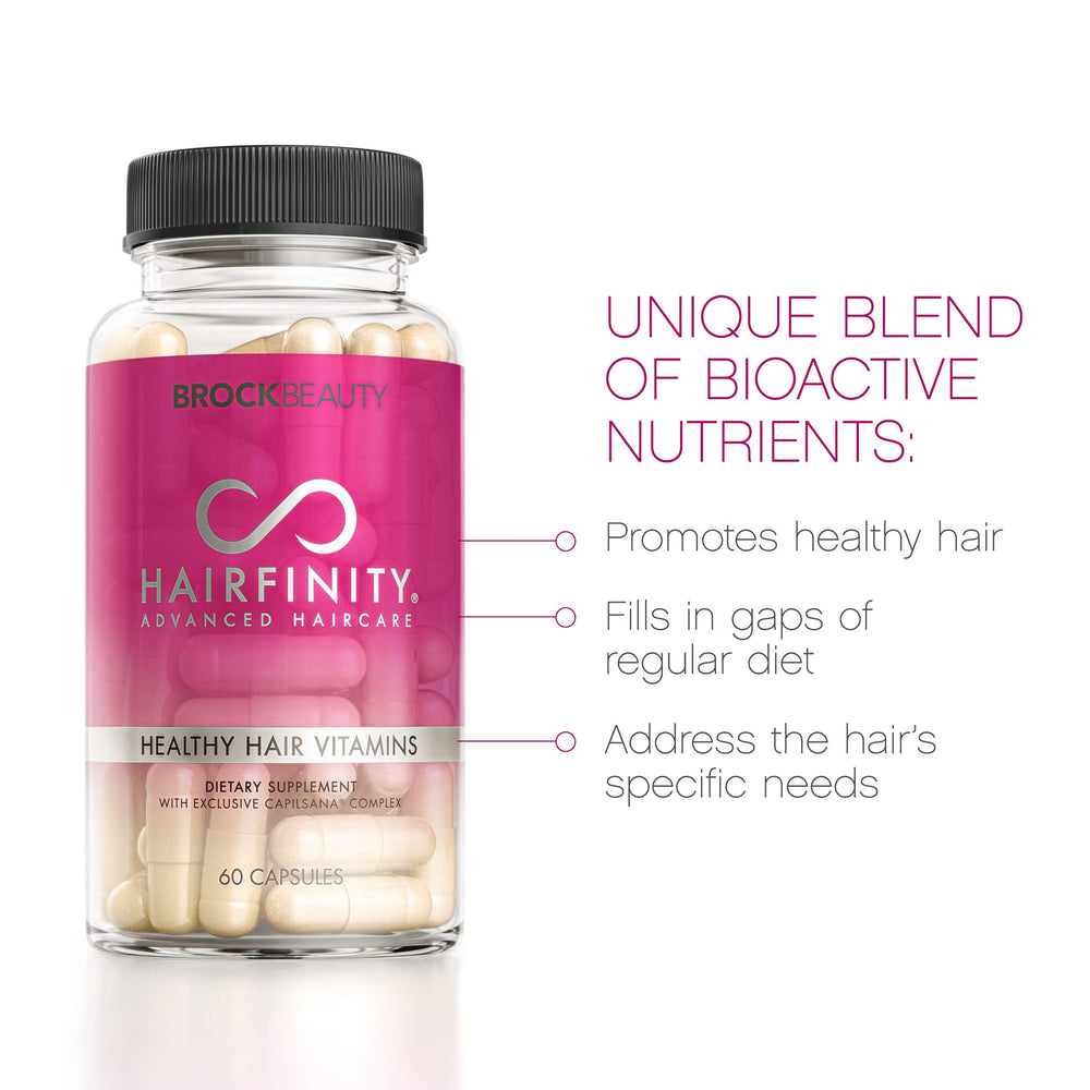 Hairfinity bottle and capsules with label close-up