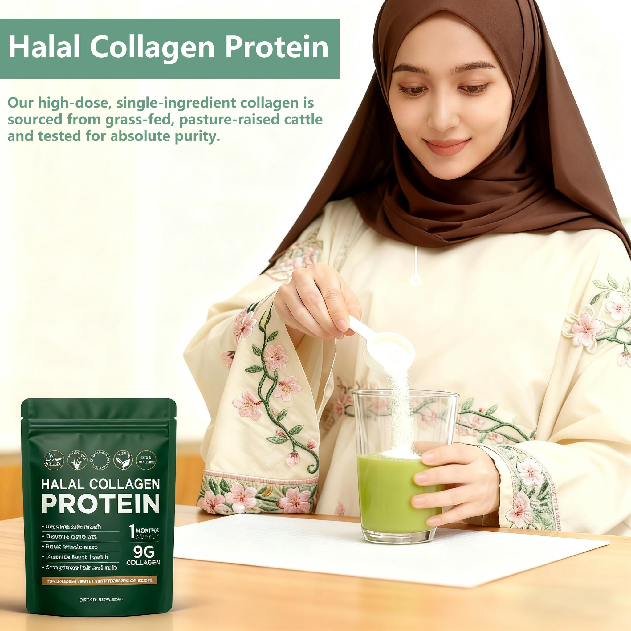 Nutrition facts panel for Halal Collagen Protein Powder
