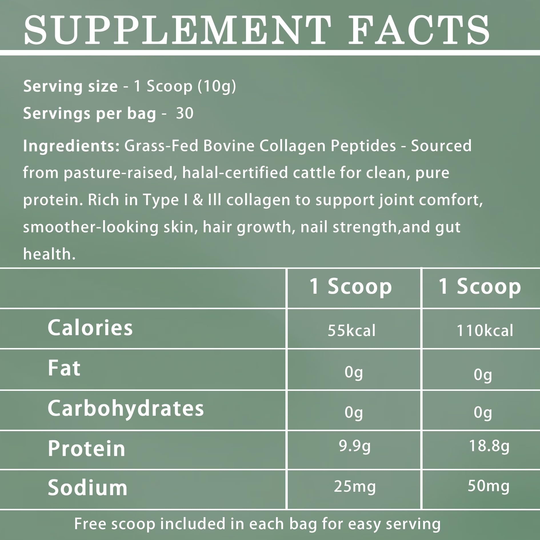 Serving suggestions: powder mixed in water, coffee or smoothie