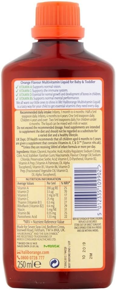 Haliborange Baby & Toddler Liquid 250ml bottle side view - 2 pack