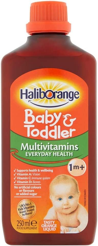 Close-up of orange flavour Haliborange liquid in bottle