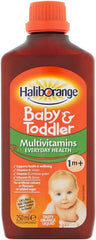 Close-up of orange flavour Haliborange liquid in bottle