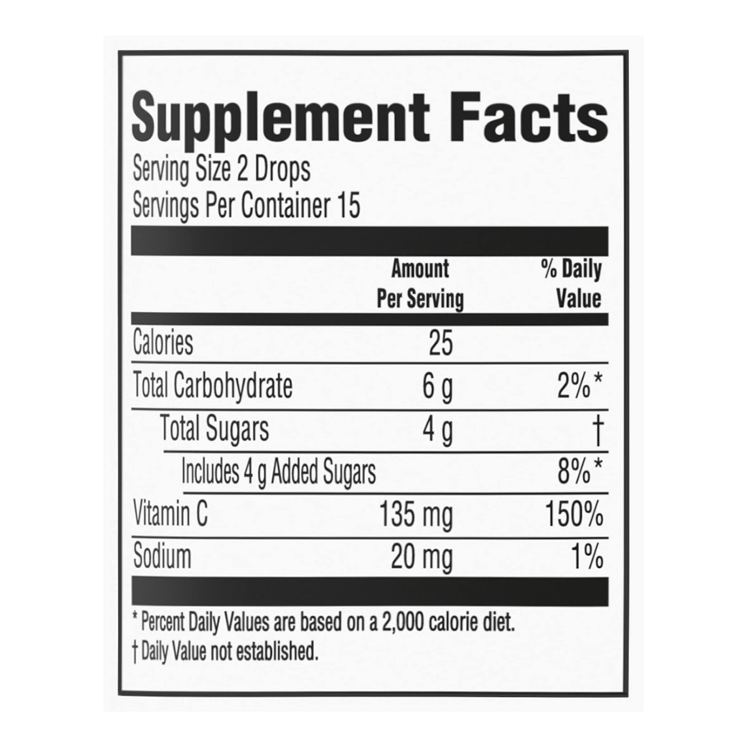 Each two-drop serving provides 135 mg vitamin C (150% DV)