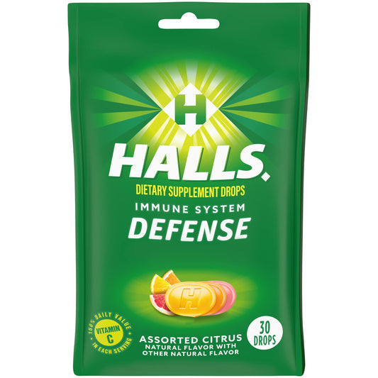 Front of HALLS Defense Assorted Citrus Vitamin C Drops package