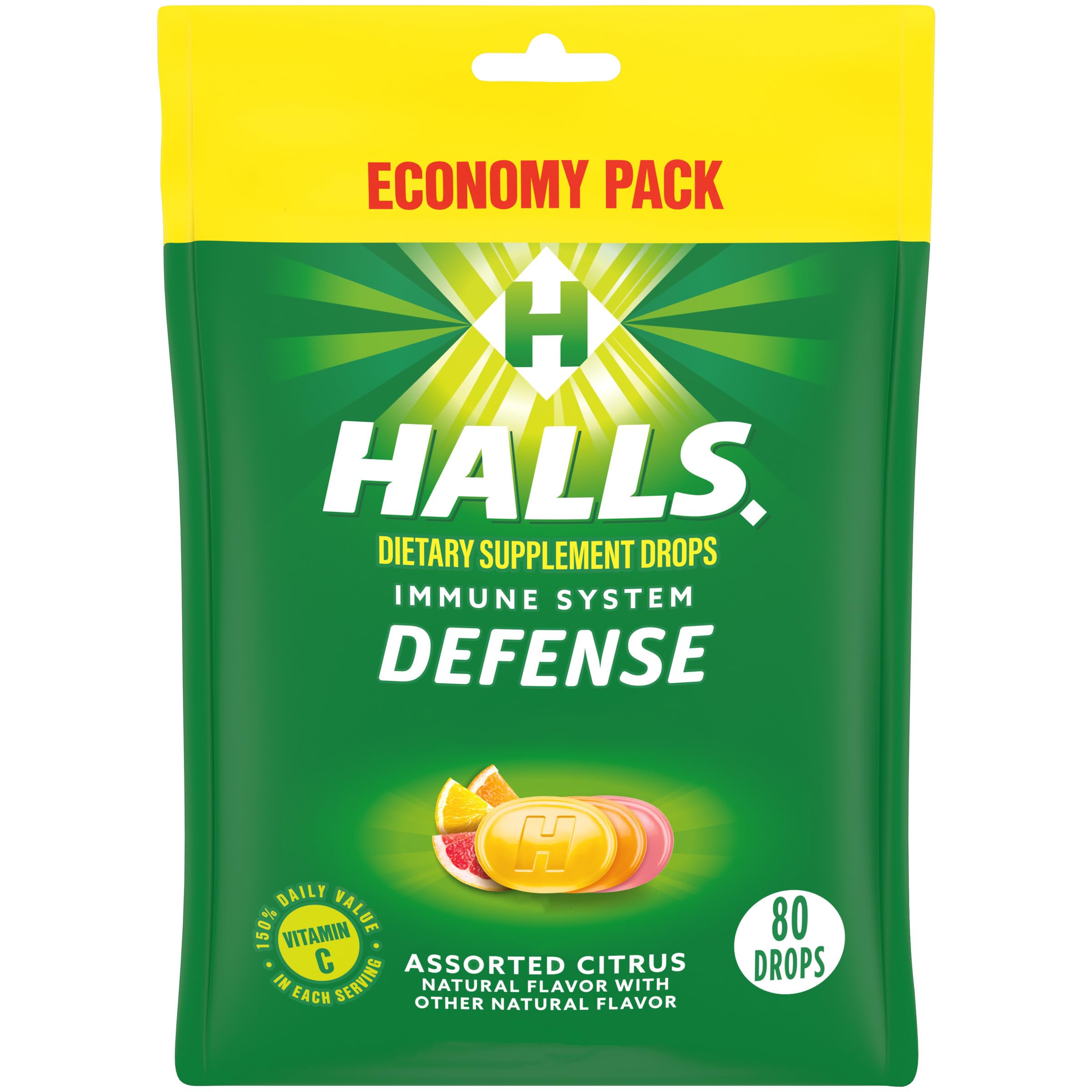 HALLS Defense Assorted Citrus Vitamin C Drops – 80 lozenges, front packaging