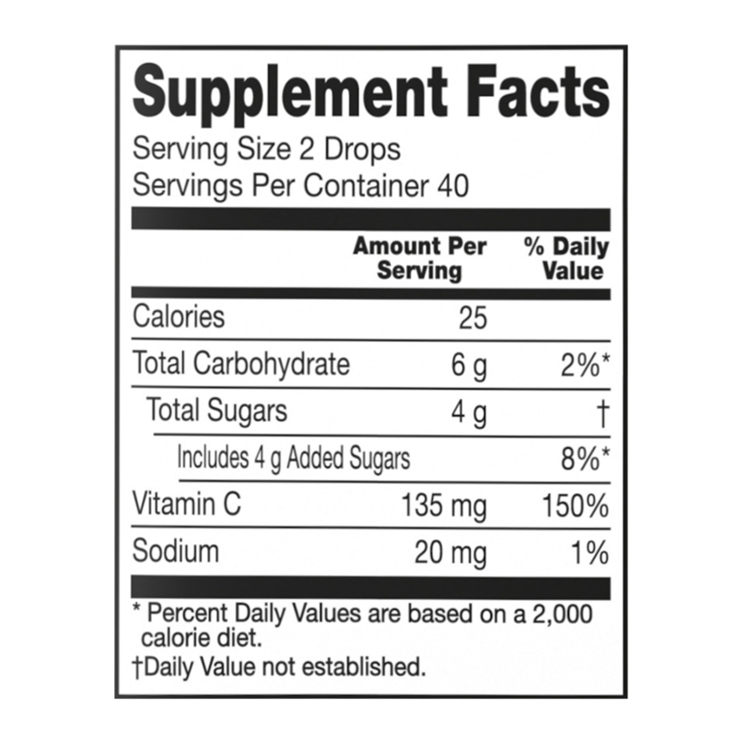 135 mg vitamin C per two-drop serving (150% DV) label