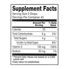 135 mg vitamin C per two-drop serving (150% DV) label