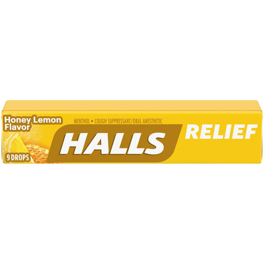 Front view of Halls Mentho-Lyptus Honey-Lemon Drops, 9-count per pack (pack of 20)