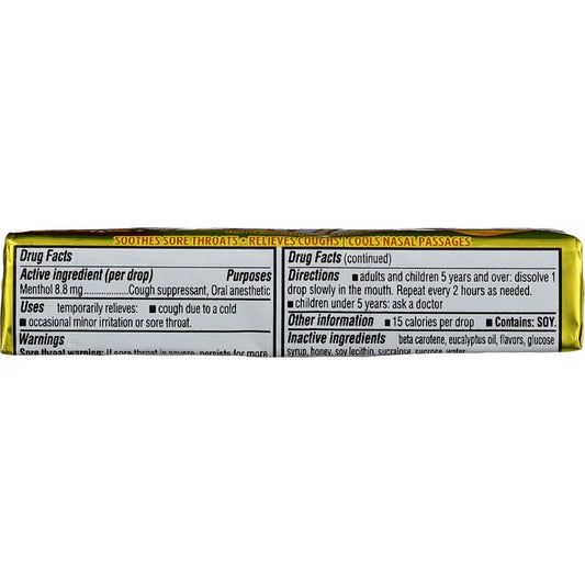 Side/back view of Halls Mentho-Lyptus Honey-Lemon Drops packaging, 9-count per pack (pack of 20)