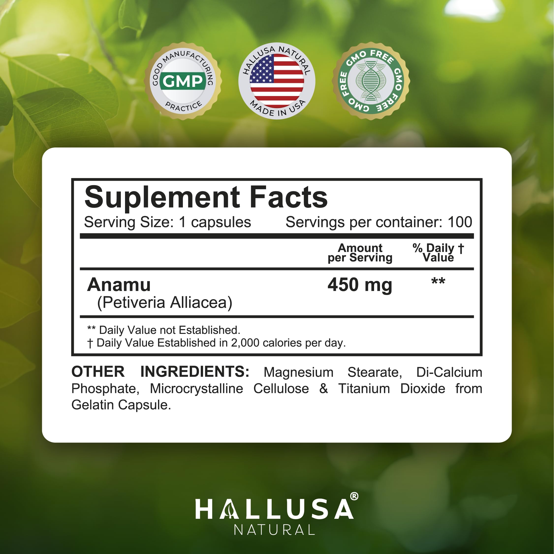 Anamu root capsules close-up showing 450 mg each