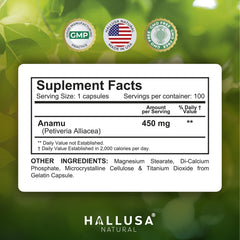 Anamu root capsules close-up showing 450 mg each