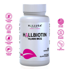Product label showing Hallusa Natural Biotin