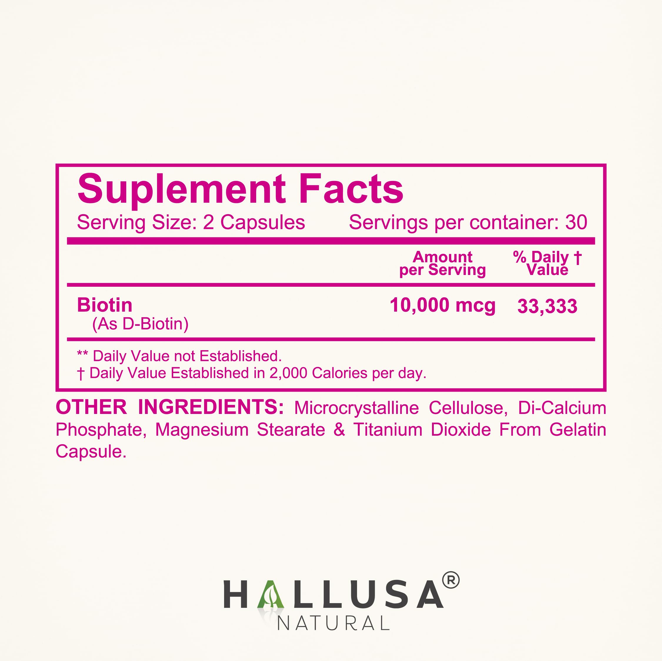 Box packaging of Hallusa Biotin 10,000 mcg